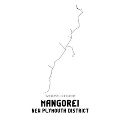 Mangorei, New Plymouth District, New Zealand. Minimalistic road map with black and white lines