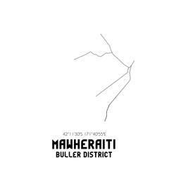 Mawheraiti, Buller District, New Zealand. Minimalistic road map with black and white lines