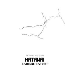 Matawai, Gisborne District, New Zealand. Minimalistic road map with black and white lines