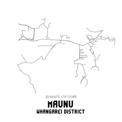 Maunu, Whangarei District, New Zealand. Minimalistic road map with black and white lines