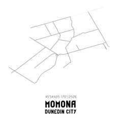 Momona, Dunedin City, New Zealand. Minimalistic road map with black and white lines