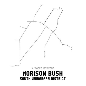 Morison Bush, South Wairarapa District, New Zealand. Minimalistic road map with black and white lines