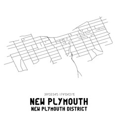New Plymouth, New Plymouth District, New Zealand. Minimalistic road map with black and white lines