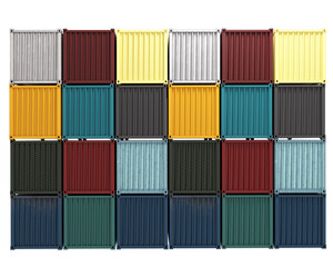 Sea container warehouse. Logistics cargo. Colorful cargo containers arranged in rows. logistics distribution. Sea cargo containers isolated. Concept production of tares for freight. 3d image