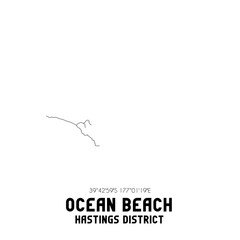 Ocean Beach, Hastings District, New Zealand. Minimalistic road map with black and white lines
