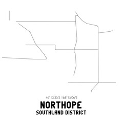 Northope, Southland District, New Zealand. Minimalistic road map with black and white lines