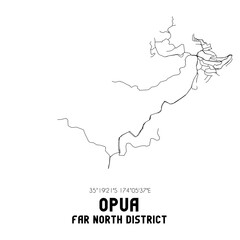Opua, Far North District, New Zealand. Minimalistic road map with black and white lines