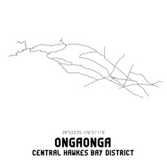 Ongaonga, Central Hawke's Bay District, New Zealand. Minimalistic road map with black and white lines