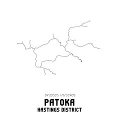 Patoka, Hastings District, New Zealand. Minimalistic road map with black and white lines