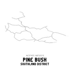 Pine Bush, Southland District, New Zealand. Minimalistic road map with black and white lines