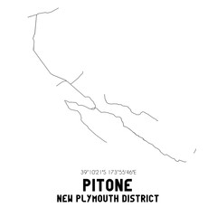 Pitone, New Plymouth District, New Zealand. Minimalistic road map with black and white lines