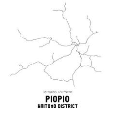 Piopio, Waitomo District, New Zealand. Minimalistic road map with black and white lines