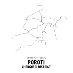 Poroti, Whangarei District, New Zealand. Minimalistic road map with black and white lines
