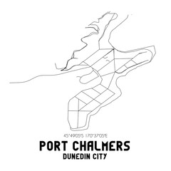 Port Chalmers, Dunedin City, New Zealand. Minimalistic road map with black and white lines