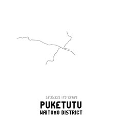 Puketutu, Waitomo District, New Zealand. Minimalistic road map with black and white lines