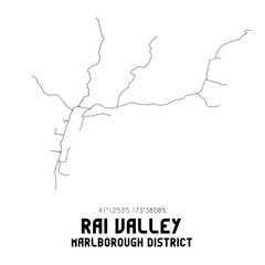 Rai Valley, Marlborough District, New Zealand. Minimalistic road map with black and white lines
