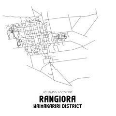 Rangiora, Waimakariri District, New Zealand. Minimalistic road map with black and white lines