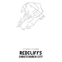 Redcliffs, Christchurch City, New Zealand. Minimalistic road map with black and white lines