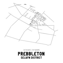 Prebbleton, Selwyn District, New Zealand. Minimalistic road map with black and white lines