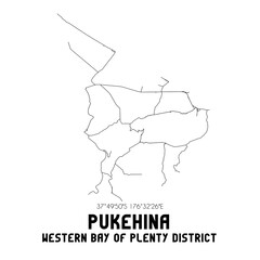 Pukehina, Western Bay of Plenty District, New Zealand. Minimalistic road map with black and white lines