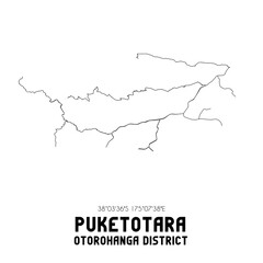 Puketotara, Otorohanga District, New Zealand. Minimalistic road map with black and white lines