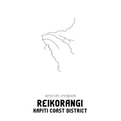 Reikorangi, Kapiti Coast District, New Zealand. Minimalistic road map with black and white lines