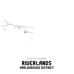 Riverlands, Marlborough District, New Zealand. Minimalistic road map with black and white lines