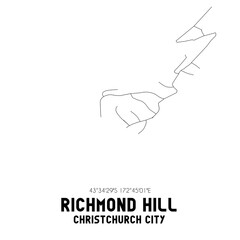 Richmond Hill, Christchurch City, New Zealand. Minimalistic road map with black and white lines