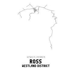 Ross, Westland District, New Zealand. Minimalistic road map with black and white lines