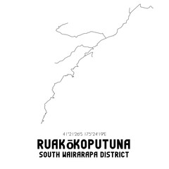 Ruakokoputuna, South Wairarapa District, New Zealand. Minimalistic road map with black and white lines