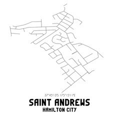 Saint Andrews, Hamilton City, New Zealand. Minimalistic road map with black and white lines