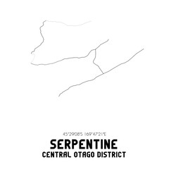 Serpentine, Central Otago District, New Zealand. Minimalistic road map with black and white lines