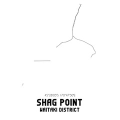 Shag Point, Waitaki District, New Zealand. Minimalistic road map with black and white lines