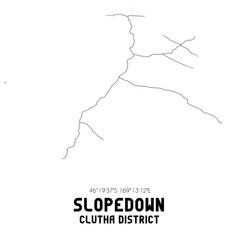 Slopedown, Clutha District, New Zealand. Minimalistic road map with black and white lines