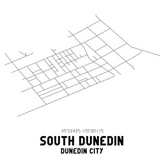 South Dunedin, Dunedin City, New Zealand. Minimalistic road map with black and white lines