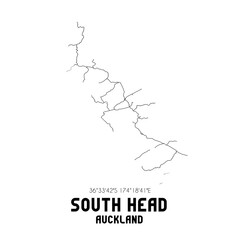 South Head, Auckland, New Zealand. Minimalistic road map with black and white lines