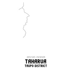 Taharua, Taupo District, New Zealand. Minimalistic road map with black and white lines
