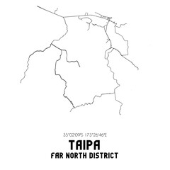 Taipa, Far North District, New Zealand. Minimalistic road map with black and white lines