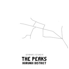 The Peaks, Hurunui District, New Zealand. Minimalistic road map with black and white lines