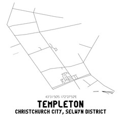 Templeton, Christchurch City, Selwyn District, New Zealand. Minimalistic road map with black and white lines