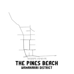 The Pines Beach, Waimakariri District, New Zealand. Minimalistic road map with black and white lines