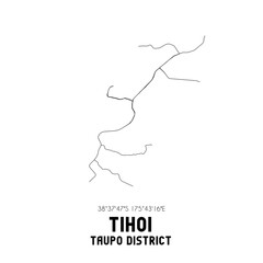 Tihoi, Taupo District, New Zealand. Minimalistic road map with black and white lines