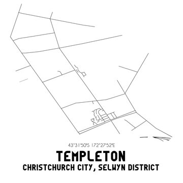 Templeton, Christchurch City, Selwyn District, New Zealand. Minimalistic road map with black and white lines