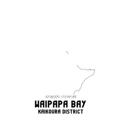 Waipapa Bay, Kaikoura District, New Zealand. Minimalistic road map with black and white lines