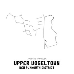 Upper Vogeltown, New Plymouth District, New Zealand. Minimalistic road map with black and white lines