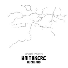 Waitakere, Auckland, New Zealand. Minimalistic road map with black and white lines