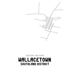 Wallacetown, Southland District, New Zealand. Minimalistic road map with black and white lines