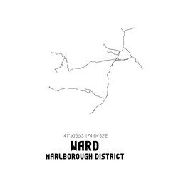 Ward, Marlborough District, New Zealand. Minimalistic road map with black and white lines