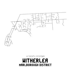 Witherlea, Marlborough District, New Zealand. Minimalistic road map with black and white lines