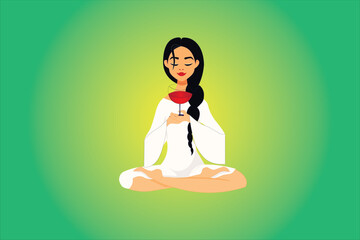 Woman in lotus position, in love, heart. Yoga pose. daydrink win. desigion scale